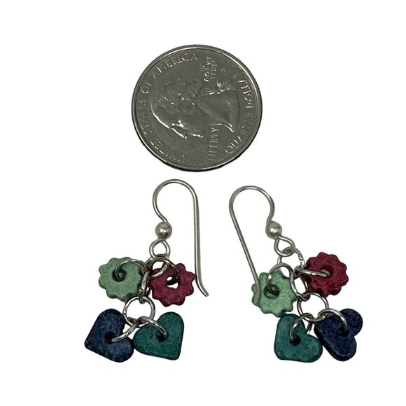 Handcrafted Earrings Silver Tone Dangle Wire Ceramic Beads Hearts Cogs - Picture 3 of 7